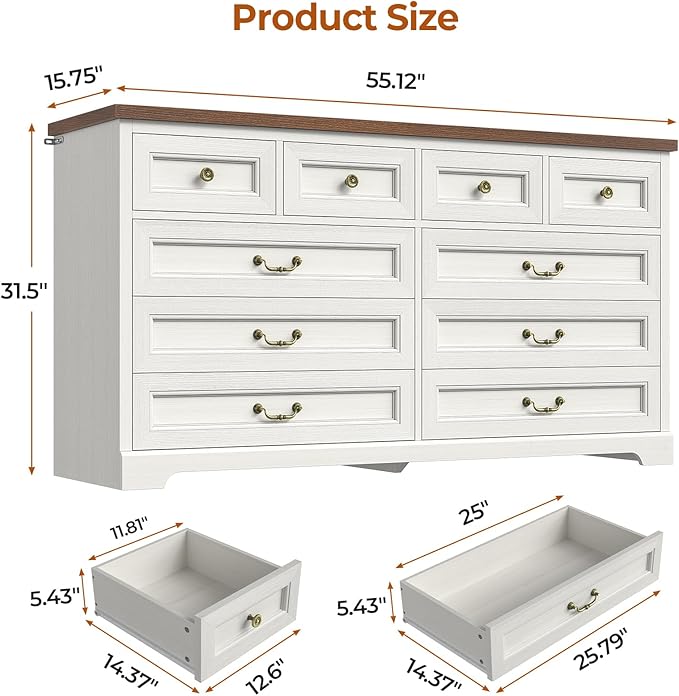 DICTAC 10 Drawers Dresser for Bedroom,55" Wide Farmhouse Dresser with Natural Texture and Vintage Metal Handles, Rustic Wood Chest of Drawers for Bedroom, Living Room, Hallway,White
