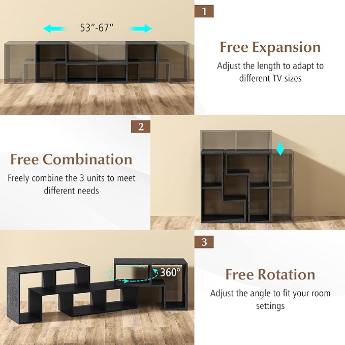 Giantex Free-Combination TV Stand for Bedroom - Entertainment Center for 50 55 60 65 Inch TV, 3-Piece Media Console Table with Storage Cubes, Deformable Open Storage Bookcase Shelf (Black Wood Grain)