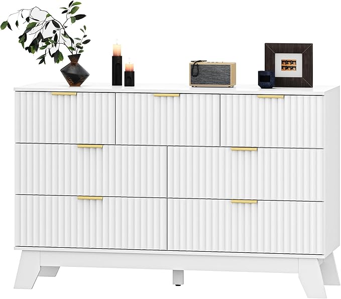 Fluted Dresser for Bedroom with 7 Drawer, Mid Century Modern Chest of Drawers, 48" Wide Natural Wood Dresser for Closet, Wooden Boho Chest Closet Storage TV Stand for Bedroom, White