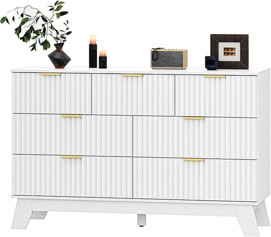 Fluted Dresser for Bedroom with 7 Drawer, Mid Century Modern Chest of Drawers, 48" Wide Natural Wood Dresser for Closet, Wooden Boho Chest Closet Storage TV Stand for Bedroom, White