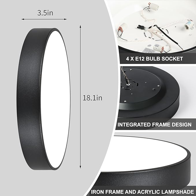 Black Flush Mount Ceiling Light Fixture,4-Light Oversized Close to Ceiling Light, 18.1 Inch Large Light Fixtures Ceiling Mount for Kitchen,Hall,Entryway Bedroom,Bathroom,Living Room,Outdoor