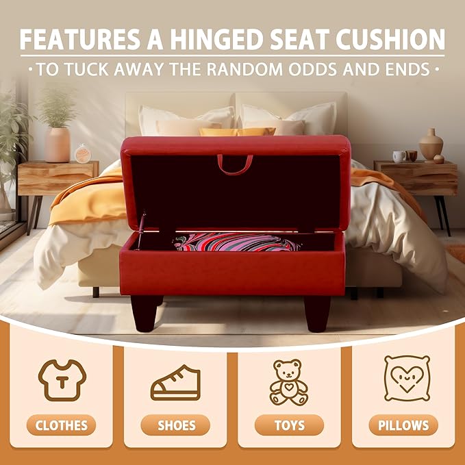 Ottoman Rectangular Storage Ottoman Bench, Faux Leather Footrest, Coffee Table, Stool Footstool with Hinged Lid for Living Room, Bedroom, Entryway, Red, 28.5"x19"x17.5"