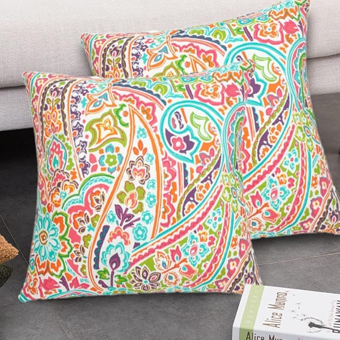 FUNHOME Outdoor Indoor Throw Pillows 18”x18”, Set of 2 Decorative Throw Pillows with Inserts, All Weather Water-Repellent Square Pillows for Bed, Couch, Sofa and Patio Furniture-Melora Paisley