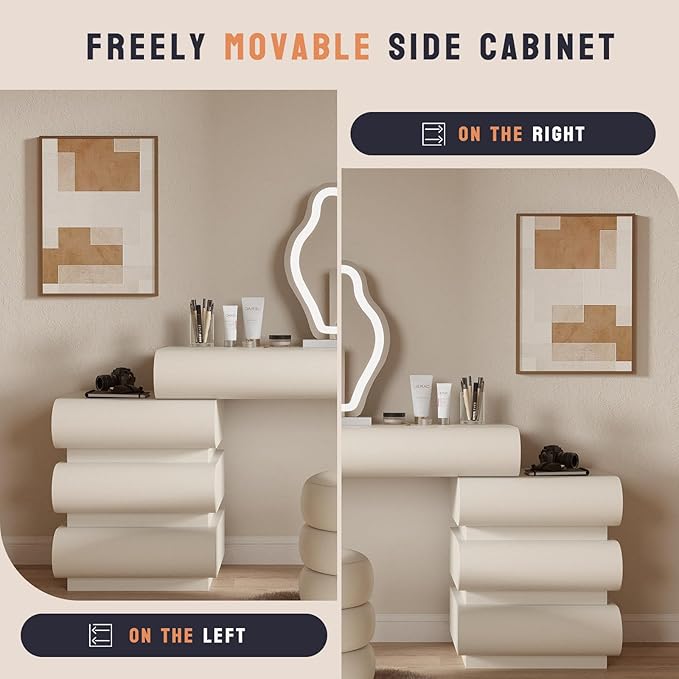 Makeup Vanity Desk with Mirror and Lights, Luxury Dressing Table with Free Retractable Side Cabinet, Microfibre Leather Wrapped Vanity Set with 5 Solid Wood Drawers, Stool-39.4in / White