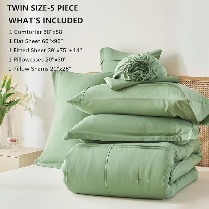 Yogeneg Twin Comforter Set 5 Piece Bed in a Bag,Grid Pinch Pleat Sage Green Twin Bedding Set,Striped Textured Soft Microfiber Comforter with Sheet Set,All Season Complete Bed Set(Sage Green,Twin)