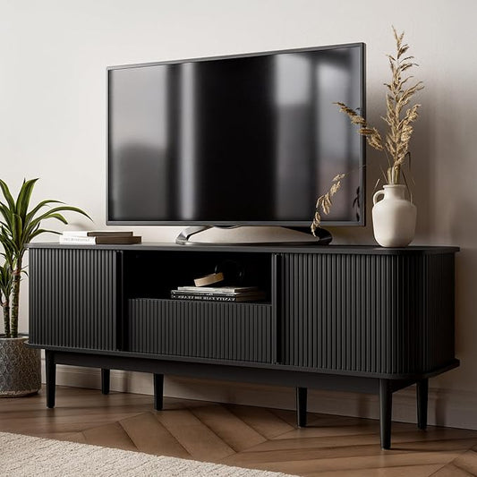 63" Black TV Stand, Fluted Entertainment Center for TVs up to 70'', Modern TV Stand with Storage, Entertainment Center with Sliding Doors, Wood Media Console for Bedroom, Living Room