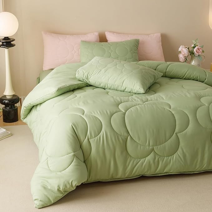 Luxlovery Sunflower Sage Green Comforter Set Full Light Green Quilts Big Flowers Bedding Comforter Set Botanical Farmhouse Soft Breathable Bohemian Comforter Women Girls