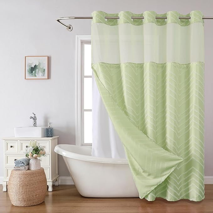 Sage Green No Hook Shower Curtain with Snap-in Liner Set,Boho Modern Farmhouse White Tufted Chevron Striped Design,Woven Fabric Bathroom Curtain,71x74