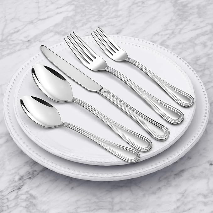 40-Piece Silverware Set, HaWare Stainless Steel Flatware Service for 8, Pearled Edge Tableware Cutlery Include Knife/Fork/Spoon, Beading Eating Utensil for Home, Mirror Polished, Dishwasher Safe