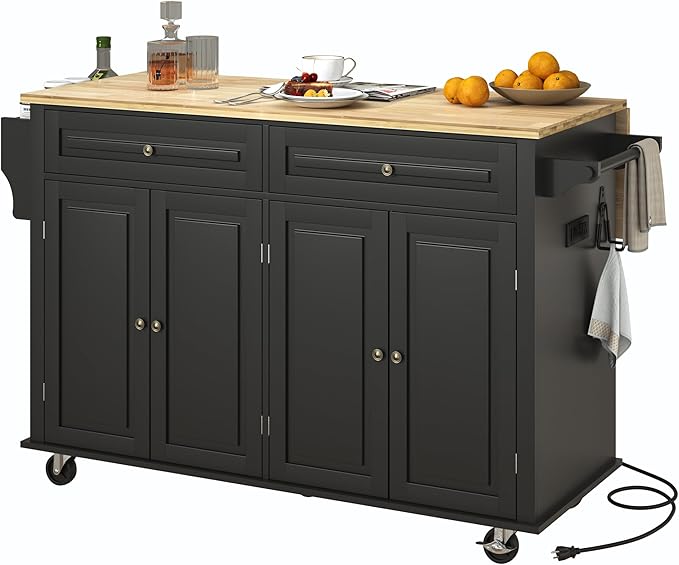 59" Kitchen Cart with Wood Top and Drop Leaf Breakfast Bar, Rolling Mobile Kitchen Island Table on Wheels with Drawer and Storage Cabinet, Spice Rack, Towel Rack, Black