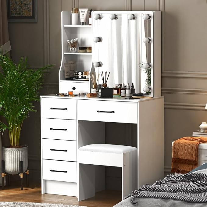 Vanity Desk with Sliding Mirror and Lights, Makeup Vanity Table Set with Chair and 6 Drawers, Small White Makeup Vanity with HD Mirror, 3 Lighting Modes Makeup Desk for Bedroom Women