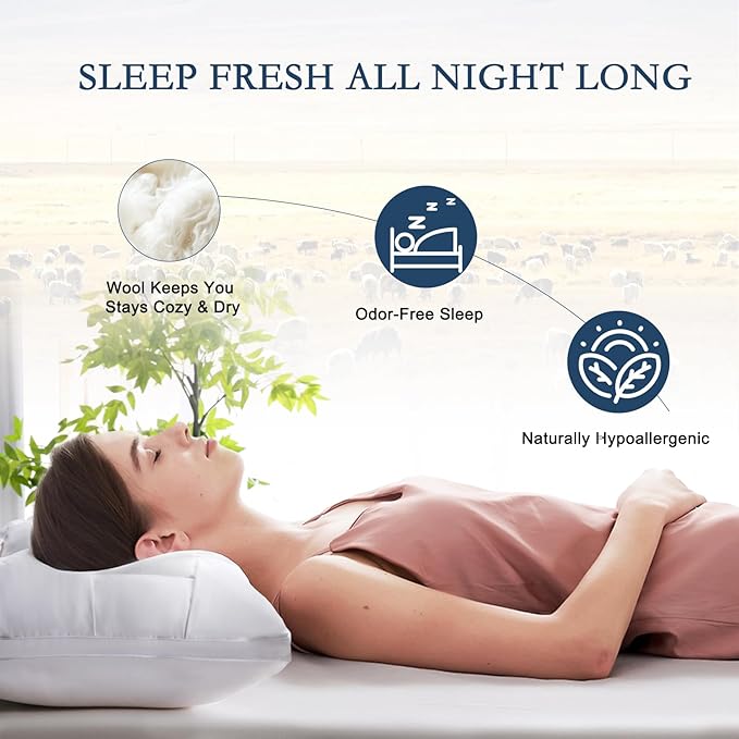 YOUR MOON Organic Wool Pillow Queen Size - Premium Natural Wool Fill, Soft Thick Down Alternative Pillow for Sleeping, 100% Cotton Cover, Support Bed Pillows for Side and Back Sleepers(White)