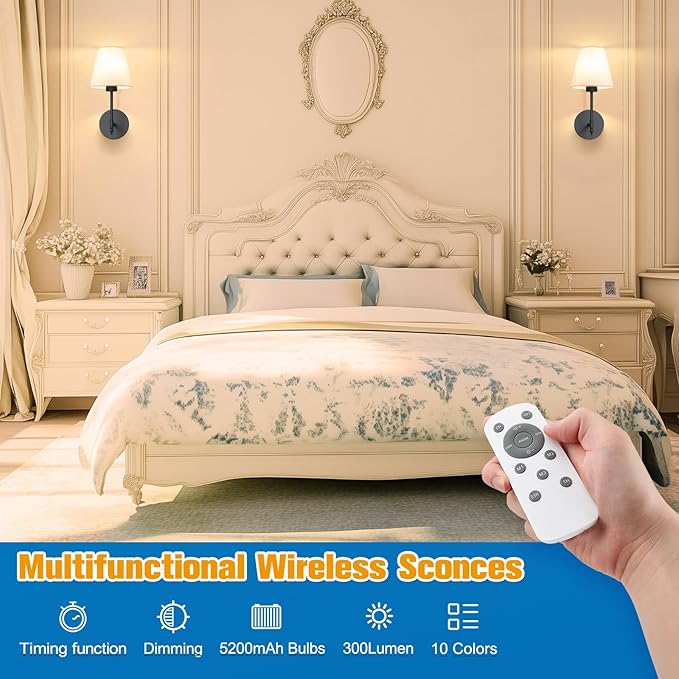 NIORSUN 14.5 inch Battery Operated Wall Sconce Set of 2,Black Rechargeable Wall Lights with 5200mAh Dimmable Detachable Bulbs and Remote,9 Colors Wireless Sconces for Bedroom Living Room Hallway Decor