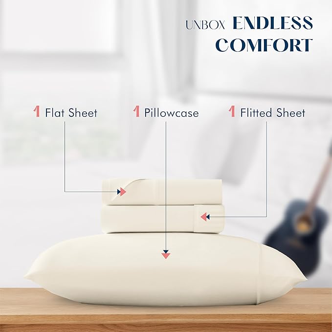 XOOX Linen 100% Cotton Twin Sheets Set - 500 Thread Count Cotton Sheets Twin Size, Extra Soft, Sateen Weave, Cooling Deep Pocket Bed Sheet for Dorm Room, Luxury Hotel Quality Bedding (3 PC, Ivory)