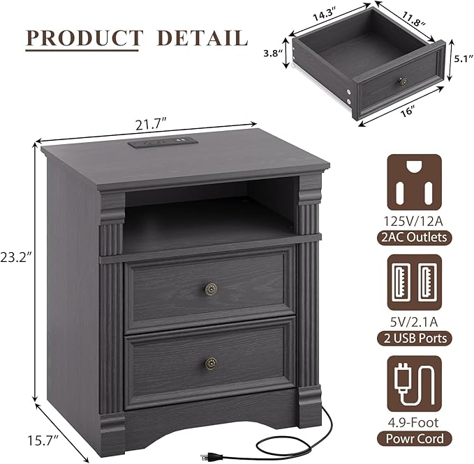 Nightstand with Charging Station, Farmhouse End Table with 2 Drawers and Storage Shelf, Wooden Bedside Table with Metal Handles, Vintage Design, Organizer for Bedroom, Hallway, Grey