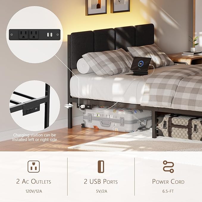 Furnulem Full Size Bed Frame with Headboard,Upholstered Bed Full with LED Light,USB Charging Station,Platform Bedframe with 2 Fabric Underbed Storage Drawers,No Spring Box Needed