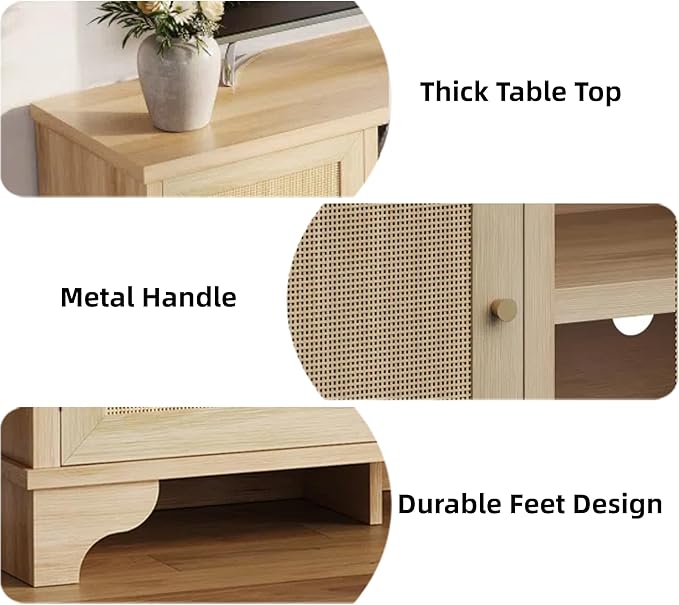 Rattan TV Stand Fits TVs Up to 70 Inches, Farmhouse Entertainment Center with Cabinets and Open Shelves, Wooden Media Console Table for Living Room, Oak