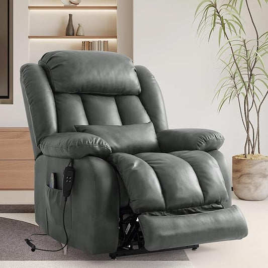 TEKAMON Power Lift Recliner Chair for Elderly with Heat & Massage, Dual Motor Breathable Leather Recliner, Lay Flat Sleeping Chairs with Infinite Position, RemoteControl(Silver Grey, Extended)