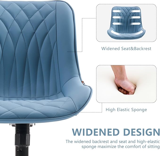 YOUNIKE Blue Ergonomic Home Office Desk Chair No Arms Comfy Small Criss Cross Chair with Wheels Swivel Adjustable Modern Vanity Chair with Back Armless Cute Leather Upholstered Rolling Task Chair