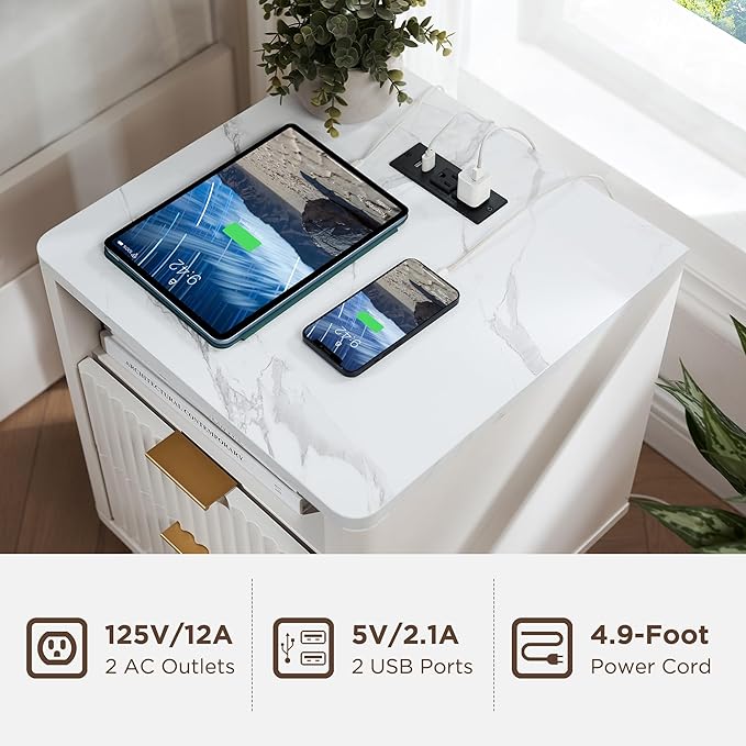 T4TREAM Fluted Nightstand Set of 2 with Charging Station, 18" Modern SideTable with Faux Marble Top, 2 Drawer End Table w/Storage, Bedside Table for Bedroom, Living Room, Curved Profile, Solid White