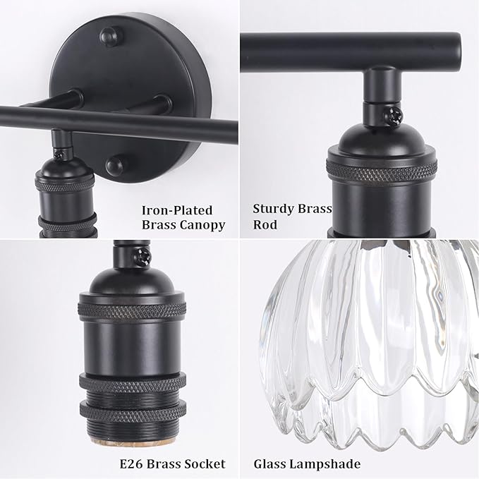 Bathroom Light Fixtures, 3-Light Black Vanity Wall Light Over Mirror with Clear Tulip Glass Shade for Bedroom Living Room