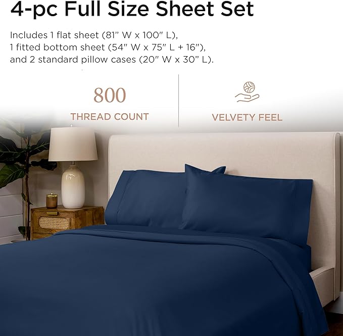 Threadmill Luxury 800 Thread Count Full Size 100% Cotton Sheets - Folkstone Blue Sateen Weave Bed-Sheets, Better Than Egyptian Cotton, 4 Pc Solid Bed Set, Fits 16" Deep Pocket