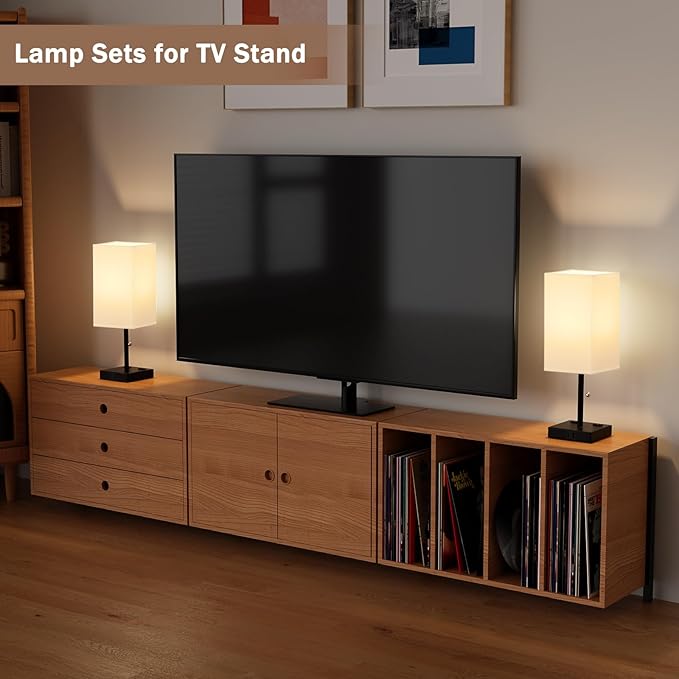 17.4In Tall Table Lamps for Bedroom Set of 2 - 3 Color Bedside Lamps with AC Outlets and USB Ports for Charging, white and Black Square Night Stand light, End DeskLamp for Living Room/Dorm/Office