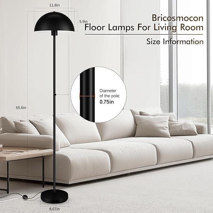 Floor Lamp, Industrial Black Floor Lamps for Living Room, 65.6in Standing Lamp, Retro Mushroom Dome Shade, Whole Metal, E26 Socket, Mid Century Modern Floor Lamp for Bedroom/Office,No Bulb