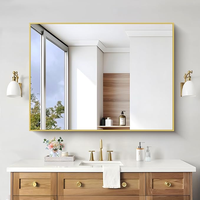 36x48inch Bathroom Mirror, Gold Rectangle Mirror with Thin Metal Frame, Large Rectangular Wall Mirror for Bathroom, Living Room, Hair Salon, Big Farmhouse Mirror Hang Horizontal/Vertical