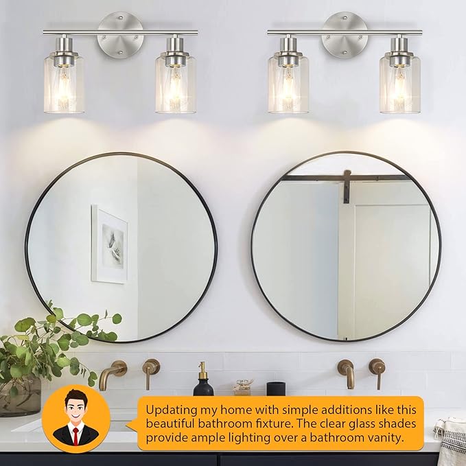 FOLKSMATE Bathroom Light Fixtures, 2-Light Brushed Nickel Vanity Light, Silver Wall Sconce Lighting, Modern Bath Wall Mounted Lighting with Glass Shade, Porch Lamp for Living Room, Bedroom, Hallway