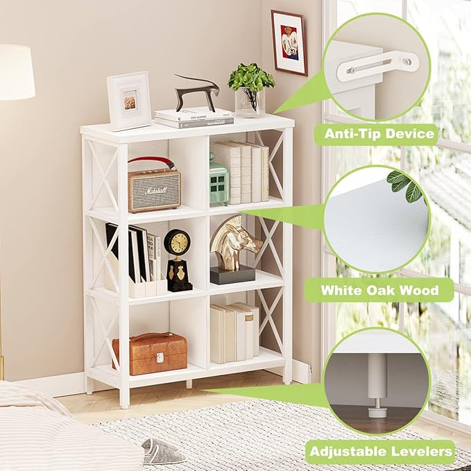 FATORRI 6 Cube Storage Organizer Shelf, Wood and Metal Cubby Bookshelf, Modern Cube Book Shelf (White Oak)