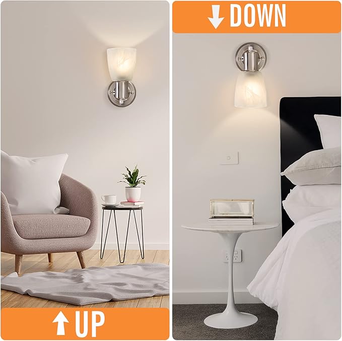 Wall Sconces Set of 2, Brushed Nickel Vanity Lights for Bathroom, Modern Wall Light Fixtures with Rotary Switch, Wall Mount Light with Frosted Glass, Farmhouse Wall Lamp for Bedroom Living Room