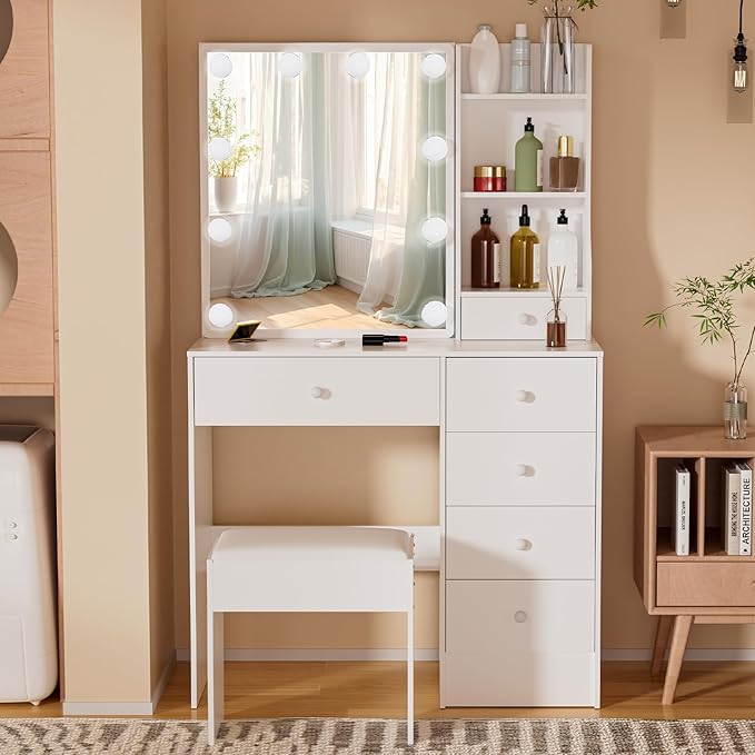 Vanity Desk with Mirror, Lights Bulbs and 10 Lights Makeup Vanity Table with 6 Drawers and 6 Storage Shelves, 3 Color Modes Available for Bedroom Dressing Room, White