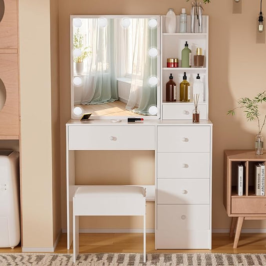 Vanity Desk with Mirror, Lights Bulbs and 10 Lights Makeup Vanity Table with 6 Drawers and 6 Storage Shelves, 3 Color Modes Available for Bedroom Dressing Room, White