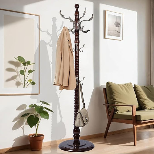 73 in Wood Coat Rack, Coat Rack Freestanding with Stable Round Base, Adjustable Height Tree Coat Racks Stand for Home Bedroom Office Hallway Entryway (Fenghuang Gou Rosewood)