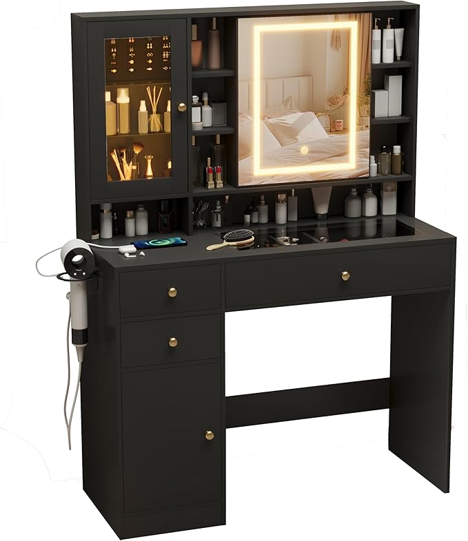 Makeup Vanity Desk with Mirror and Lights, Black Vanity with Glass Top, Jewelry Storage, Power Outlets, 3 Drawers & 2 Cabinets, Adjustable LED Lighting, Dressing Table for Women & Girls Bedroom