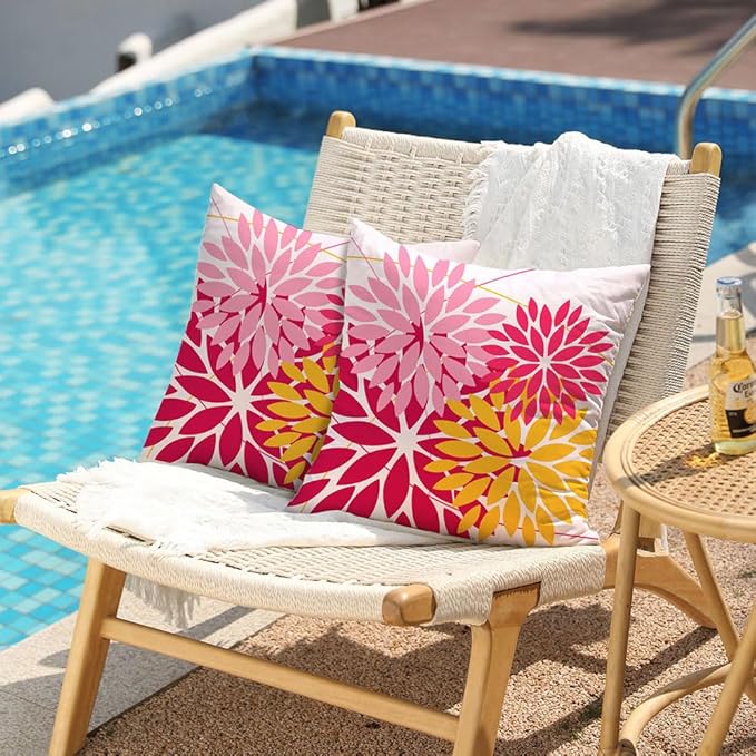 DFXSZ Outdoor Pillow Covers 20x20 Inch Set of 2 Pink Yellow Flower Decorative Waterproof Summer Outdoor Valentines Pillow Covers for Patio Funiture Garden Couch 168J20