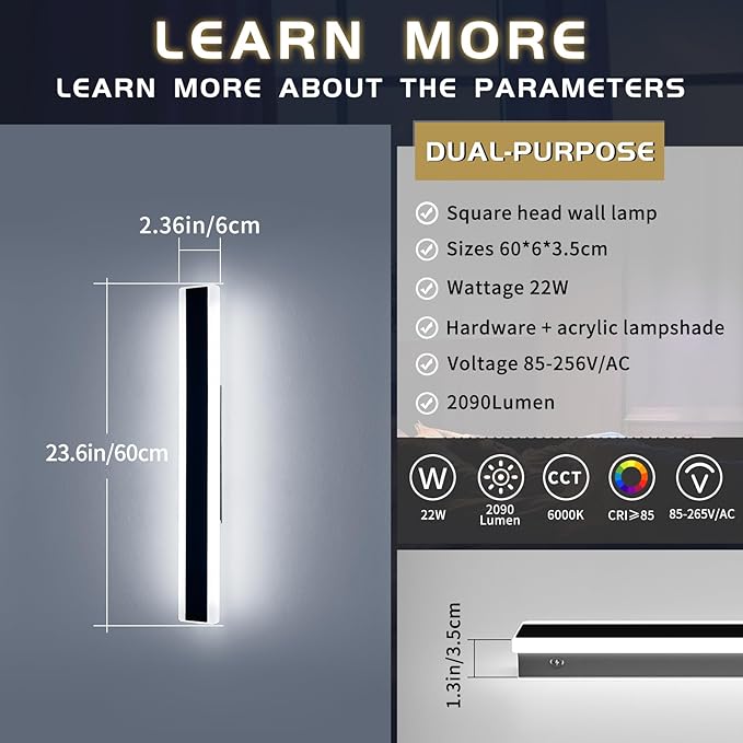 Mikeru 23.6inch Long Led Wall Light, 6000k Cool White Modern Outdoor Wall Light Ip65 Waterproof Black Acrylic Porch Exterior Lighting Fixtures, Exterior Wall Mount Lights for Garage Front Door