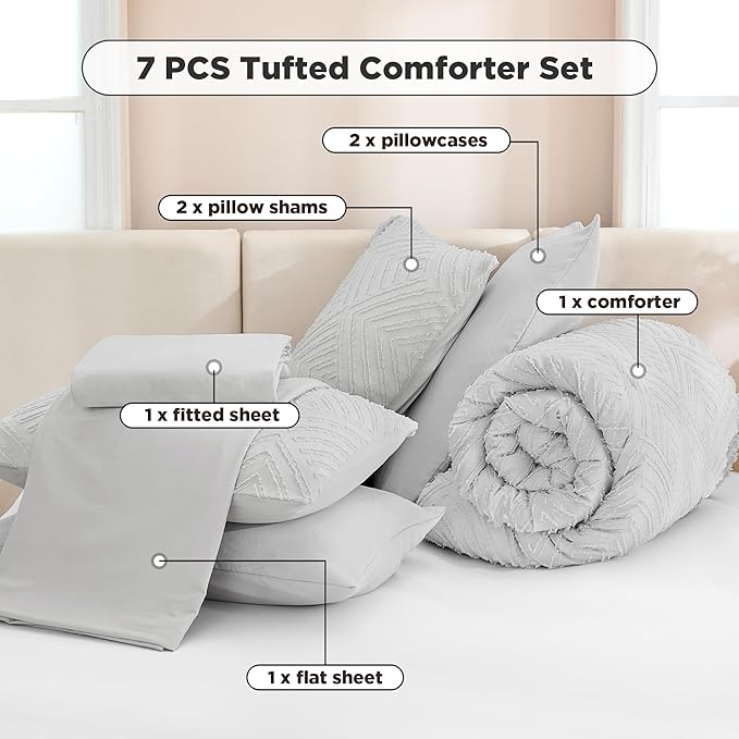 Andency Light Grey Comforter King Size Set with Sheets - 7 Pieces Boho Bed in a Bag Tufted Bedding Sets Lightweight All Season Bed Set with Comforter, Sheets, Pillowcases & Shams