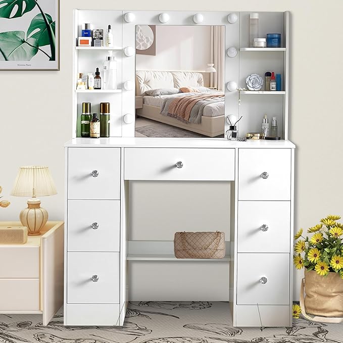 JBLCC Vanity Desk with Mirror and Lights, 39.4''W White Makeup Vanity with 3-Color Lighted Mirror, 7 Drawers & Open Shelves, Big Vanity Table for Bedroom, Girls & Women