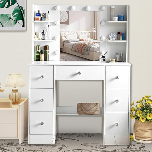 JBLCC Vanity Desk with Mirror and Lights, 39.4''W White Makeup Vanity with 3-Color Lighted Mirror, 7 Drawers & Open Shelves, Big Vanity Table for Bedroom, Girls & Women