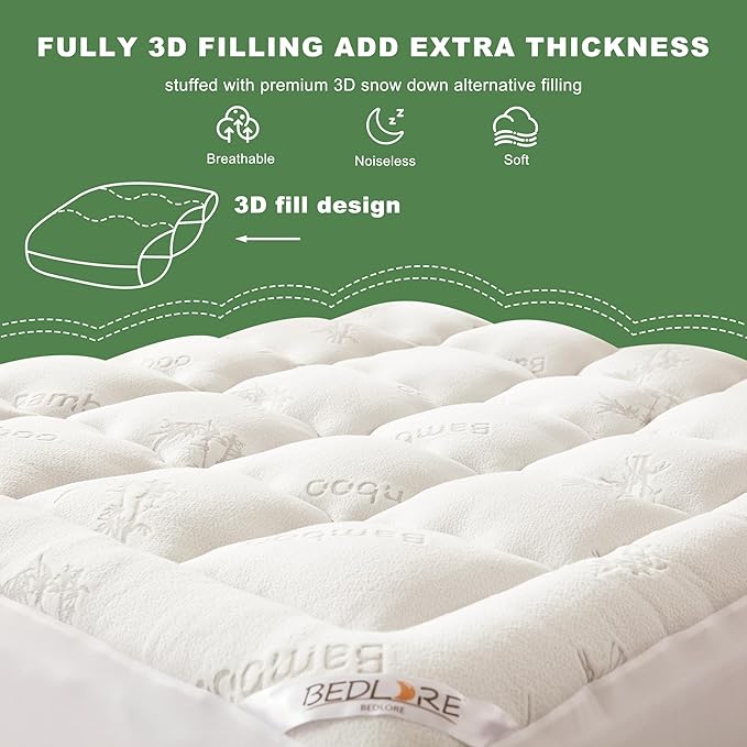 BEDLORE Full Size Mattress Topper Viscose Derived from Bamboo, Thick Pillow Top Mattress Pad with Stretchable Pockets for 6-15 inches Mattress, Breathable Mattress Topper for Back Pain Relief