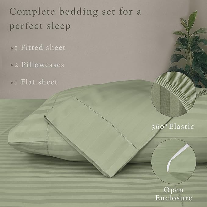 Threadmill 500 Thread Count Full-Size Damask Stripe, 4 Pc Luxury Cotton Bedding Set, Breathable Sage Green Sheets with 16" Elasticized Deep Pocket, 2 Pillowcases & Free Tote Bag