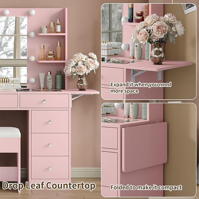 9 Drawers Vanity Desk & Power Outlet, Makeup Vanity with Mirror and 10 LED Lights, 3 Lighting Modes Brightness Adjustable, Makeup Table with 4 Shelves and Fold-up Panel, Vanity Set for Bedroom, Pink