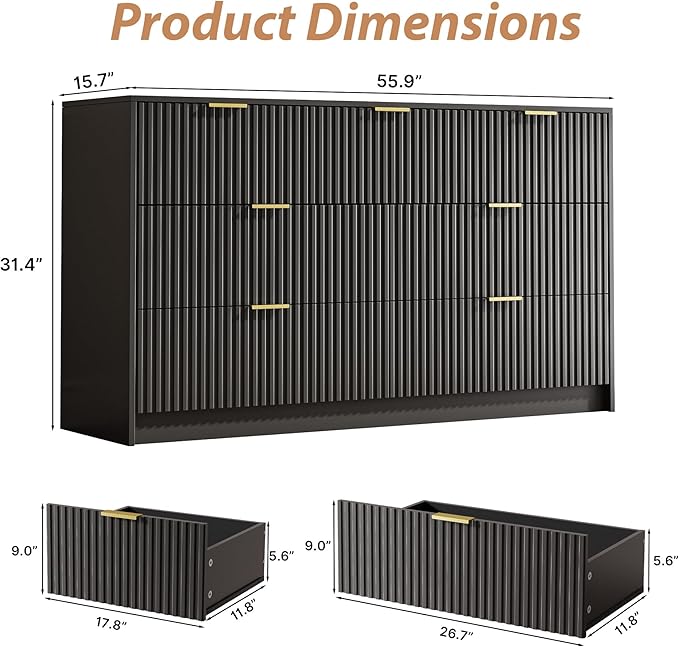 Black 7 Drawer Dresser for Bedroom, Modern Fluted Dresser with Gold Metal Handles, Wide Chest of Drawers for Bedroom, Living Room, Entryway, Hallway, 55.9" L x 15.7" D x 31.4" H