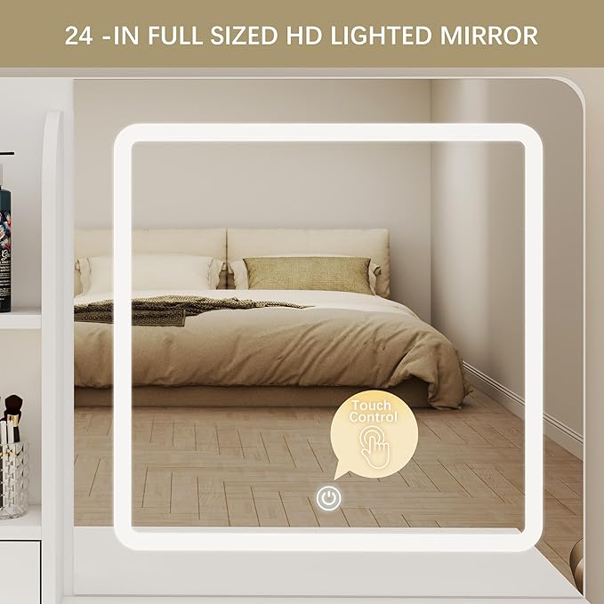 Vanity Desk with Mirror and Lights, 3 Adjustable Lighting Makeup Vanity Desk with 3 Storage Shelves, 5 Large Drawers and Power Outlet, White Vanity with Chair for Bedroom