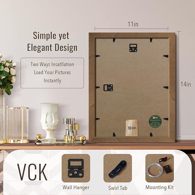 VCK 11x14 Brown Walunt Picture Frames 3 Pack, High-End Wood Wide Border Poster Frame,Tabletop & Wall Hanging, Multi-Directional Display Family Photos, Office Prints, Studio/Gallery/Home