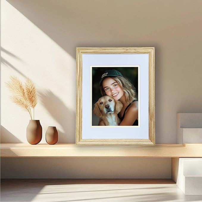 11x14 Picture Frame Matted to 8x10, 8*10 Picture Frame with Mat ,11*14 Solid Oak Wood Picture Frames Vertical & Horizontal Wall Hanging Display，11 by 14 Premium Photo Frame with Real HD Tempered Glass , Oak Color, 1 Pack