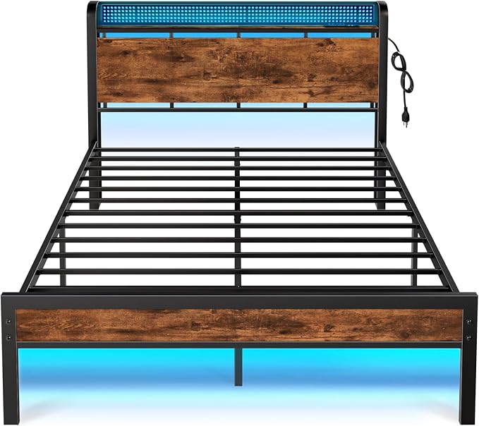 Furnulem Queen Bed Frame with Charging Station and LED Lights,Industrial Platform Beds Queen Size with Storage Headboard,USB Port,Rustic Wood and Strong Metal Support,No Box Spring Needed, Noise Free