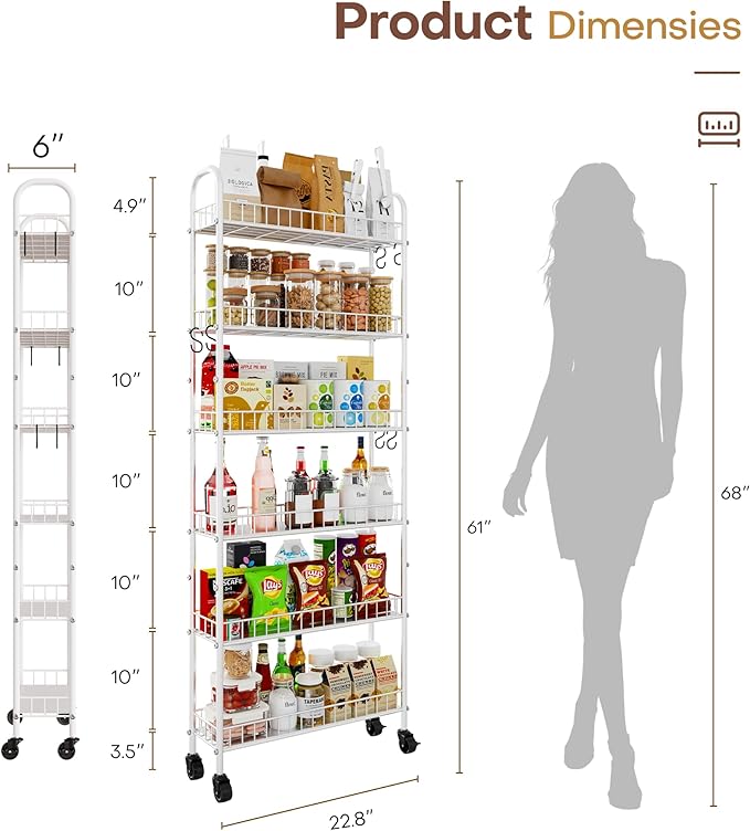 6 Tier Slim Rolling Storage Cart with Wheels, Metal Mobile Shelving Unit Organizer Utility Cart for Office Bathroom Kitchen Laundry Room Narrow Places (White 6 Inches)
